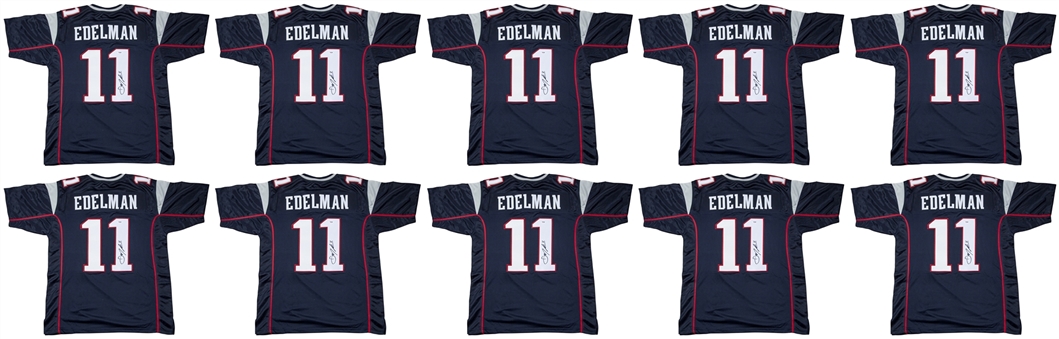 Lot of (10) Julian Edelman Autographed New England Patriots Blue Jerseys (PSA/DNA)